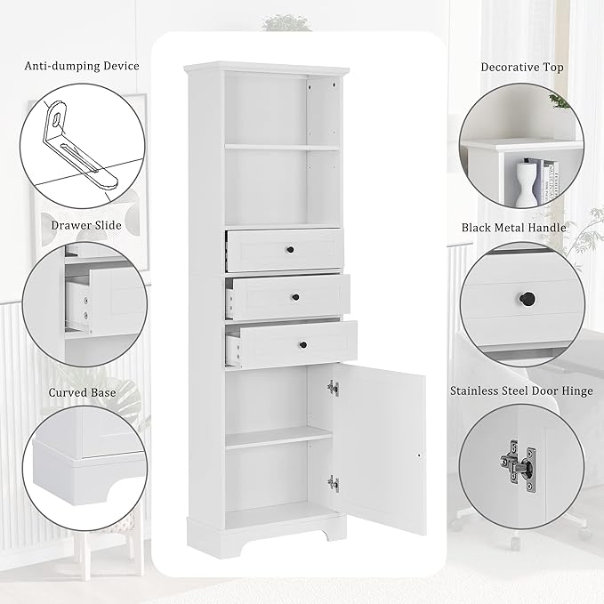 Favfurish 67" Tall Bathroom Storage Cabinet with Door and 3 Drawers,Modern Linen Cabinets w/Adjustable Shelf & 2-Tier Open Shelves,Freestanding Organizer for Bath Room,Study,Office,White