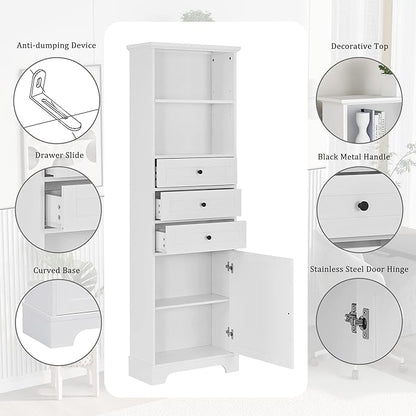Favfurish 67" Tall Bathroom Storage Cabinet with Door and 3 Drawers,Modern Linen Cabinets w/Adjustable Shelf & 2-Tier Open Shelves,Freestanding Organizer for Bath Room,Study,Office,White