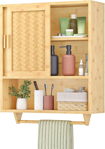 HOOBRO Bathroom Cabinet Wall Mounted, Bamboo Medicine Cabinet with Towels Bar & Adjustable Shelves, Over Toilet Cabinet, 23.6 x 7.9 x 28.5 Inches, for Bathroom, Laundry, Kitchen, Natural YL63CW01