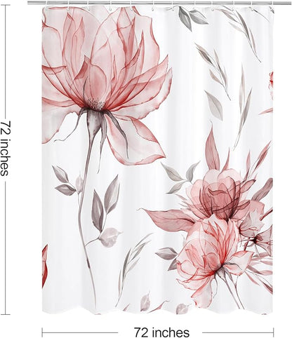 Red and Grey Boho Watercolor Floral Shower Curtain, Ink Painting Style Blossom & Leaf Shower Curtains for Chic Elegant Bathroom, Artistic Fabric Cloth Flower Shower Curtain, 72x72