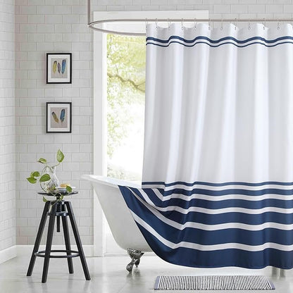 Blue and White Striped Shower Curtain 72x78 Inches, Waterproof Fabric with Modern Gradient Lines, 12 Rustproof Grommets & Weighted Hem