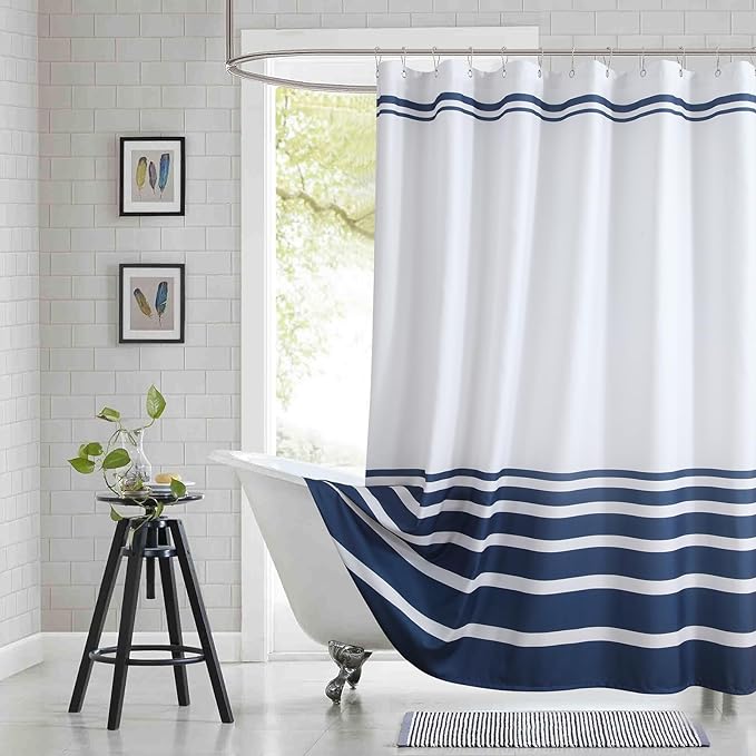 Blue and White Striped Shower Curtain 72x72 Inches, Waterproof Fabric with Modern Gradient Lines, 12 Rustproof Grommets & Weighted Hem
