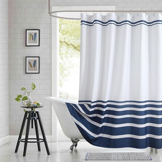 Blue and White Striped Shower Curtain 72x72 Inches, Waterproof Fabric with Modern Gradient Lines, 12 Rustproof Grommets & Weighted Hem