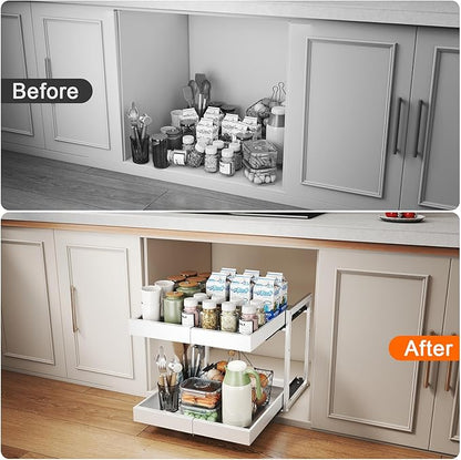 Golener 2-Tier Expandable Pull Out Cabinet Organizer - Slide Out Drawers for Kitchen Cabinets, Bathroom Organizers and Storage, Under Sink Organizer for Kitchen Storage Organization, White Metal Frame