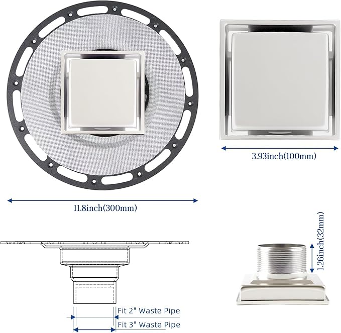 4-Inch Square Shower Drain Kit with Tiled Insert Grate, Brushed Stainless Steel Cover, PVC Bonding Flange & Hair Strainer, Fits 2" & 3" Pipes for Tiled Floors
