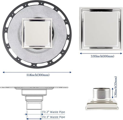 4-Inch Square Shower Drain Kit with Tiled Insert Grate, Brushed Stainless Steel Cover, PVC Bonding Flange & Hair Strainer, Fits 2" & 3" Pipes for Tiled Floors