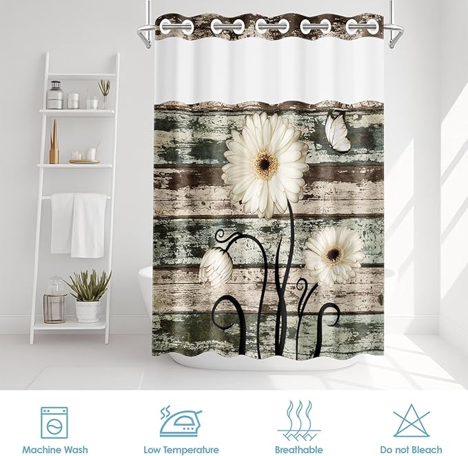 No Hook Vintage Flower Shower Curtain with Snap in Fabric Liner Set, Daisy Wooden Boards Double Layers Waterproof Fabric with See Through Top Window Open Grommet Bath Curtain 54x80 Inch