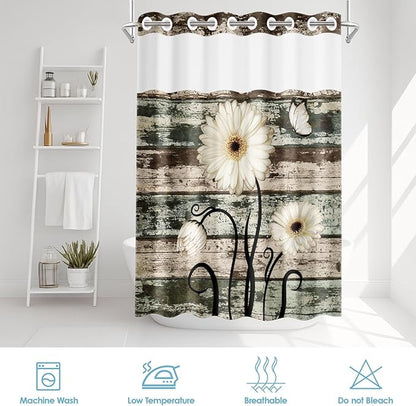 No Hook Vintage Flower Shower Curtain with Snap in Fabric Liner Set, Daisy Wooden Boards Double Layers Waterproof Fabric with See Through Top Window Open Grommet Bath Curtain 54x80 Inch