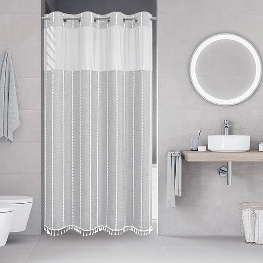 No Hook Stall Shower Curtain with Snap-in Fabric Liner - 54x80 Heavy-Duty Linen Textured Striped Design,Narrow Rustic Modern Farmhouse Bohemian Bathroom Curtain,Water-Repellent,Grey/Gray