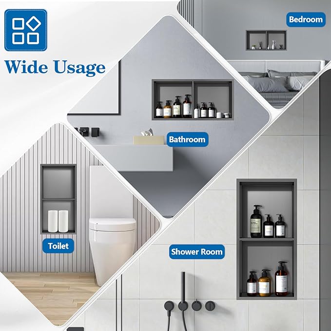 12" x 24" Shower Niche No Tile Needed, 304 Stainless Steel Shower Wall Niche, Recessed Shower Shelf for Shower or Bathroom Storage, Black