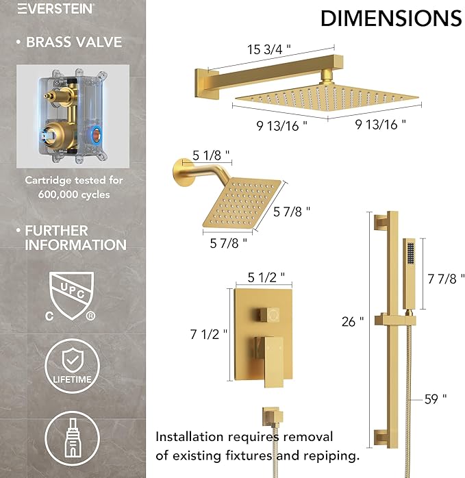 10" High-Pressure Rainfall Shower Faucet with Handheld Spray, Wall Mount Dual Shower Head System with Slide Bar (Brushed Gold)