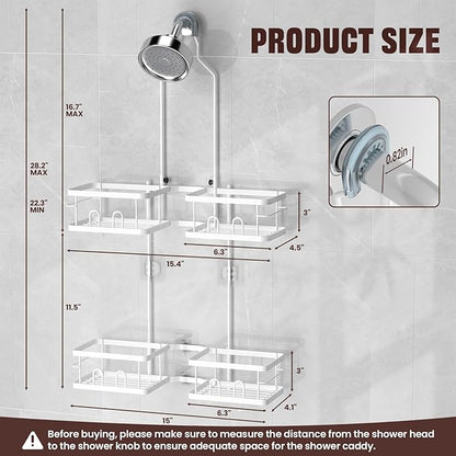 REINHARDT Adjustable Shower Caddy Hanging Rustproof Shower Caddy for Handheld Showerheads, Shower Organizer with Hooks Soap Holder Toothbrush Holder, Anti-Swing Shower Rack Bathroom Accessories, White