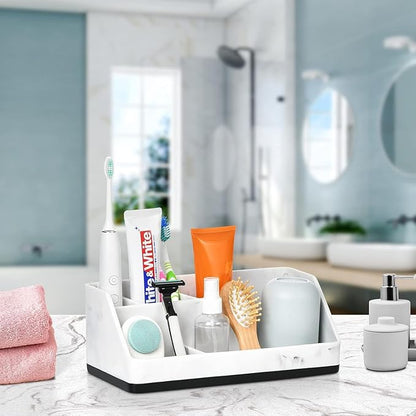 VITVITI Toothbrush Holder for Bathroom, Resin Bathroom Organizer Countertop Sink, Bathroom Counter Organizer Accessories 5 Compartment Storage for Toothpaste/Vanity, White Marble Color