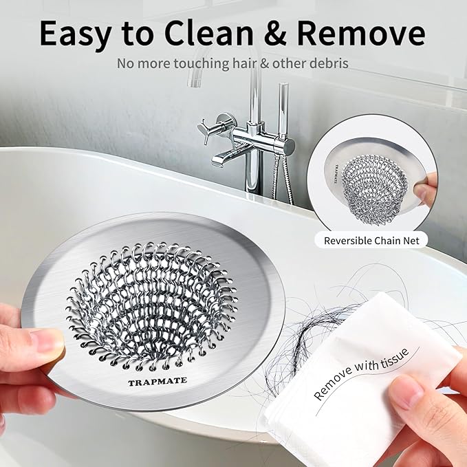 TRAPMATE Shower Drain Hair Catcher, 4.4" Easy Clean Bathtub Drain Hair Catcher, Anti-Slip Bath Tub Drain Protector, Upgraded 304 Stainless Steel Shower Sink Drain Cover for Bathroom (Patented Product)