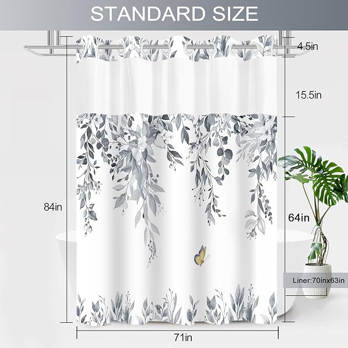 No Hook Shower Curtain and Liner Set, Blue Grey Eucalyptus Floral Shower Curtains for Bathroom, Bath Curtain Sets with Snap in Liner, Waterproof with See Through Top Window, 71x84 Inches