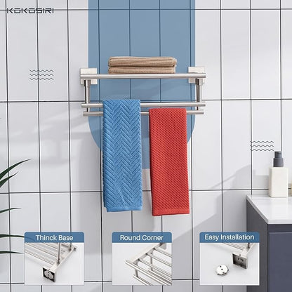 KOKOSIRI Towel Shelf with Double Towel Bars 16 Inches Bathroom Towel Rack Towel Holder Wall Mounted Stainless Steel, Brushed Nickel, B6005BR-L16