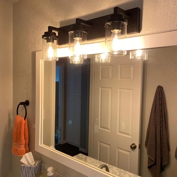 MELUCEE Vintage Bathroom Lighting Fixtures Over Mirror, 3-Light Modern Vanity Lights Black Finish Industrial Wall Sconce with Clear Glass Shade