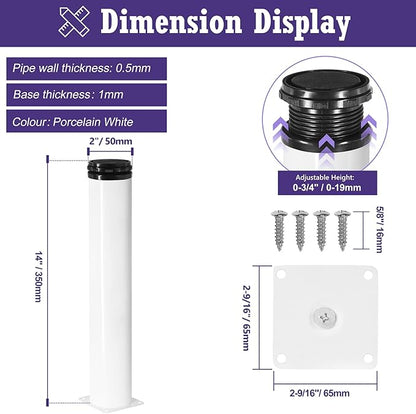 14 Inch Metal Furniture Legs - Stainless Steel, Adjustable, White, Round Cabinet Legs for Coffee Table, Cabinet, Desk, Sofa, Shelves - Pack of 4