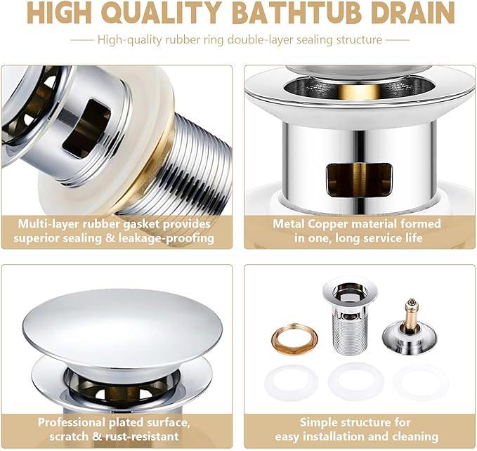 【Limited-time Promotion】 Pop Up Freestanding Tub Drain Plug, 2025 Upgraded freestanding tub Drain，Rust-Proof and Clog-Proof (for Most freestanding bathtubs) (Cold Silver)