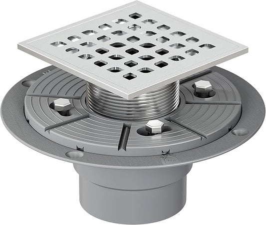 Neodrain Square Shower Drain,4 inch Stainless Steel 304 Grate and PVC Drain Body, Grate with Brushed Nickel Finish, Kit Includes Hair Trap/Strainer,Lifting Hook and PVC Drain Base