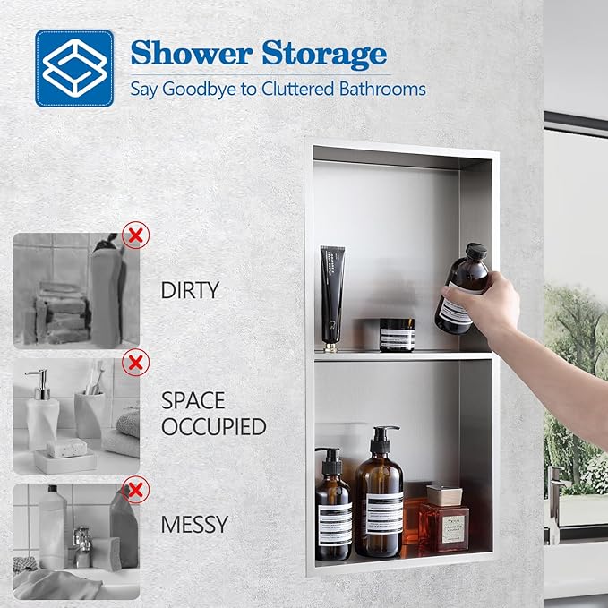 12" x 24" Shower Niche No Tile Needed, 304 Stainless Steel Shower Wall Niche, Recessed Shower Shelf for Shower or Bathroom Storage, Brushed
