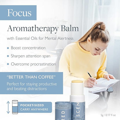 Scentered Aromatherapy Balm Stick for Focus & Concentration - Roll On Essential Oils Blend - Rosemary, Mint, Clary Sage in Shea Butter - Self-Care Stocking Stuffers for Women