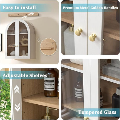Bathroom Arched Wall Cabinet, 23.5'' Wide Medicine Cabinet, Bathroom Cabinet Wall Mount with Glass Doors & Adjustable Shelves, Over The Toilet Storage Cabinet for Laundry Room, Bedroom,Kitchen, White