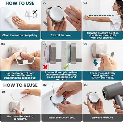 TAILI Patented Strong Suction Cup Hook, Thickened 304 Stainless Steel Bathroom Suction Holder for Towel, Loofah, Bathrobe, Damage-Free Hanging Shower Wall Hook, Double-Hook Widening Design, Silver