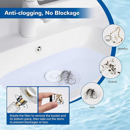 Hibbent Upgraded 3 in 1 Bathroom Sink Drain Strainer, Universal Pop Up Stopper with Removable Stainless Steel Filter Basket Hair Catcher, Sink Plug for 1.1''~2.36'' Basin, Brass Bullet Core, White
