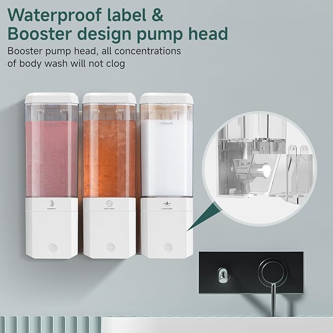 Shampoo and Conditioner Dispenser Wall Mounted No Drill, Shower Soap Dispenser 3 Chamber Shampoo Conditioner Body Wash Refillable 3 * 17oz Shower Soap Dispenser for Bathroom Hotel, White+Clear