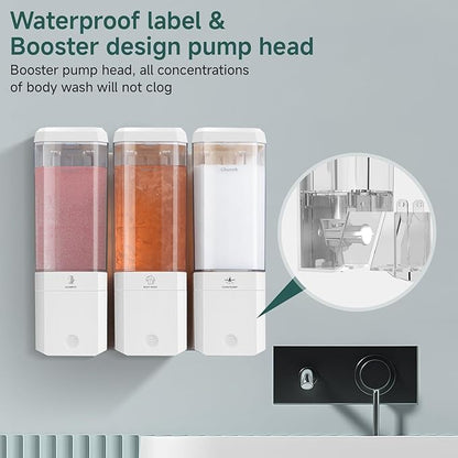Shampoo and Conditioner Dispenser Wall Mounted No Drill, Shower Soap Dispenser 3 Chamber Shampoo Conditioner Body Wash Refillable 3 * 17oz Shower Soap Dispenser for Bathroom Hotel, White+Clear