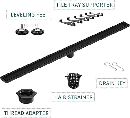 Linear Shower Drain 48", Matte Black Floor Drain with Tiled Insert Grate & Hair Strainer, 304 Stainless Steel Bathroom 2-in-1 Tiled in Drain, CUPC Certified (Matte Black, 48'')
