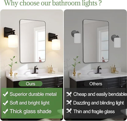 Set of 2 Wall Sconces for Bathroom,Black Modern Vanity Lights with White Glass Shade,Bathroom Wall Lamp for Mirror Kitchen Living Room Hallway Cabinet Porch