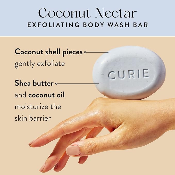 Curie Coconut Nectar Exfoliating Body Wash Bar – Natural, Vegan, Sulfate-Free Formula for Gentle Exfoliation & Soft, Radiant Skin (3PK)