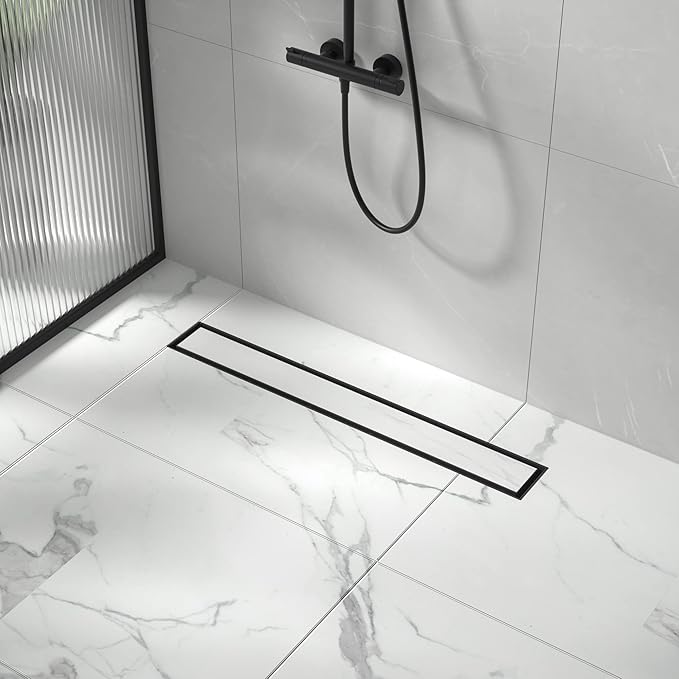 Linear Shower Drain 24", Matte Black Floor Drain with Tiled Insert Grate & Hair Strainer, 304 Stainless Steel Bathroom 2-in-1 Tiled in Drain, CUPC Certified (Matte Black, 24'')