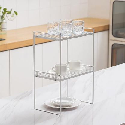 2Pack Kitchen Cabinet Shelf Counter Organizer Rack Pantry Storage Bathroom Bedroom Office Table Desk Space Saving Stackable Rust Resistant Non Slip White Tall Wide L13.1in W10.6in H9.5in