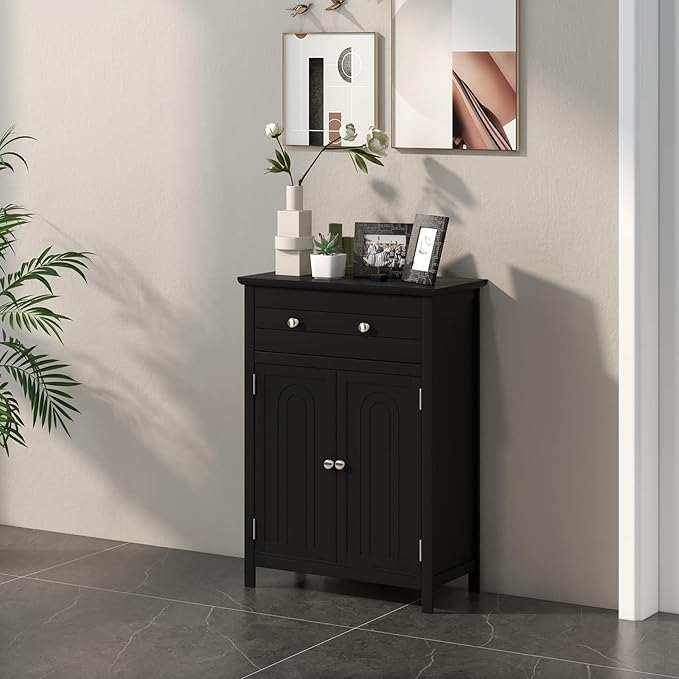 LOKO Bathroom Floor Cabinet, Kitchen Storage Cabinet with 1 Drawer, 2 Doors & 3-Position Adjustable Shelf, 2-Door Floor Storage Cabinet for Bathroom, Living Room, Entryway (Black)
