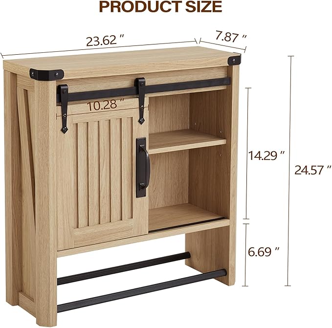 Bathroom Wall Cabinet, Farmhouse Medicine Cabinet with Sliding Barn Door & Adjustable Shelves, Wall Mounted Storage Cabinet for Toilet, Kitchen, Living Room (Natural Oak)