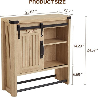 Bathroom Wall Cabinet, Farmhouse Medicine Cabinet with Sliding Barn Door & Adjustable Shelves, Wall Mounted Storage Cabinet for Toilet, Kitchen, Living Room (Natural Oak)