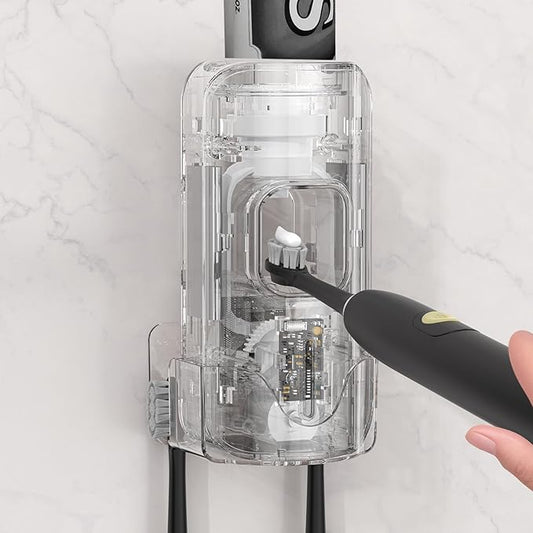 Automatic Toothpaste Dispenser Wall Mounted - Hands-Free Toothpaste Squeezer with 3 Speed Settings, 2 Toothbrush Holders & Strong Adhesive - Smart Bathroom Organizer for Kids and Adults