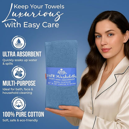 DAN RIVER 24 Pack Wash Cloths for Showering [12x12] - 100% Cotton Washcloths Premium Quality Flannel Face Cloths for Bathroom, Highly Absorbent and Soft Feel Wash Clothes, M Blue