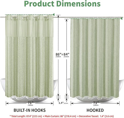 No Hook Extra Long Shower Curtain Set with Snap-in Liner,Linen Textured Thick Striped Fabric with Tassels,Boho Chic Modern Farmhouse Bathroom Curtain,Water-Repellent,Sage Green,71x86