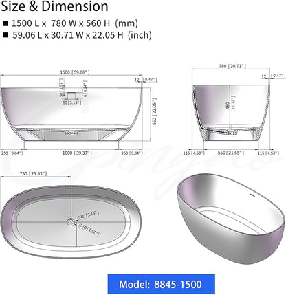 Cpingao 59" Stone Resin Freestanding Bathtub, Elegant Oval Shape Soaking Tub, Solid Surface Stand Alone Bathtub with Drain & Integrated Slotted Overflow Matte White 8845-1500