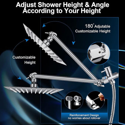 Shower Head Combo,10 Inch High Pressure Rain Shower Head with 11 Inch Adjustable Extension Arm and 5 Settings Handheld ,Powerful Shower Spray Against Low Pressure Water with Long Hose