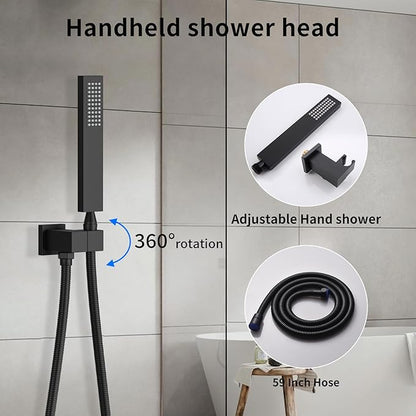 Bathroom shower system Ceiling 14x20 inch shower head, spray with handle, 6 PCS Body Jet and Handheld, temperature display shower faucet set (Matte Black)