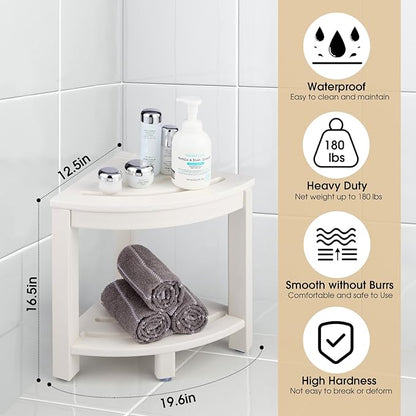 HDPE Corner Shower Stool,Shower Bench Seat with Storage Shelf for Shaving Legs Plastic Spa Bath Step Foot Rest for Bathroom Small Place (White)