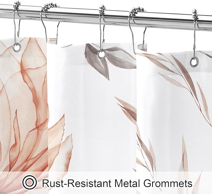 Orange and Grey Boho Watercolor Floral Shower Curtain, Ink Painting Style Blossom & Leaf Shower Curtains for Chic Elegant Bathroom, Artistic Fabric Cloth Flower Shower Curtain, 72x72