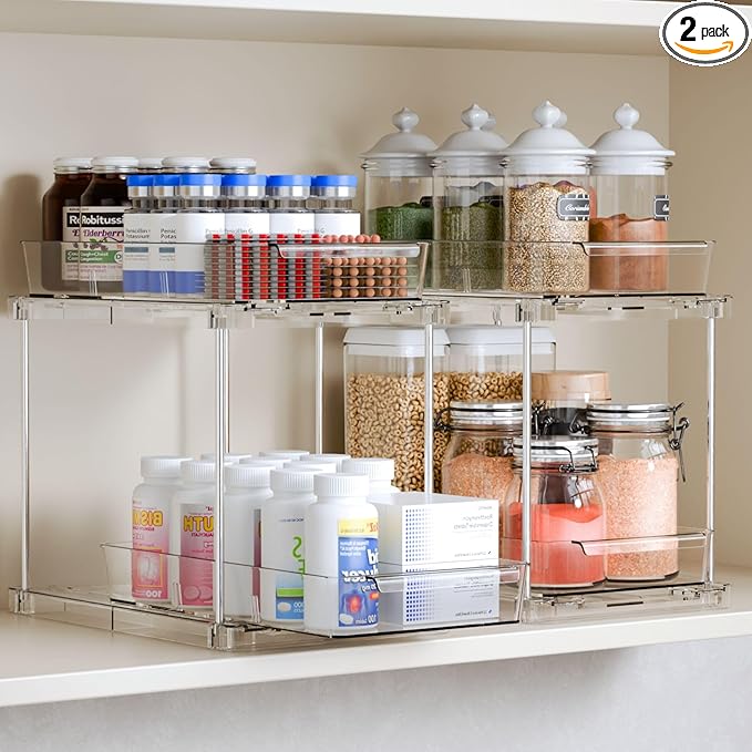 Yieach 2 Pack Pull Out Under the Sink Organizer,2 Tier 10.6″ High Medicine Cabinet Organizer for Vitamin,Pill Bottle,Supplement,Slide out Undersink Organizers and Bathroom Vanity Storage for Cupboard
