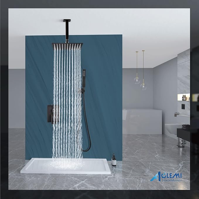 Aolemi Ceiling Mount Shower System Rain Shower Head with Handheld Spray High Pressure Shower Faucet Set Rough-in Valve Shower Trim Kit Included Bathroom Oil Rubbed Bronze 16 Inch Ceiling Shower Head