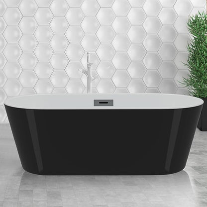 59" Acrylic Soaking Bathtub, Deep Modern Tub with Non-Slip Base, CUPC Certified, Space-Saving Bath with Chrome Drain and Overflow, Easy Install for Small Bathrooms, Black